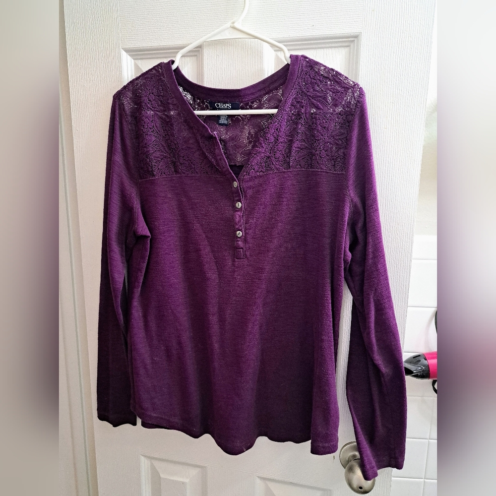Chaps Purple Long Sleeve Blouse With Lace